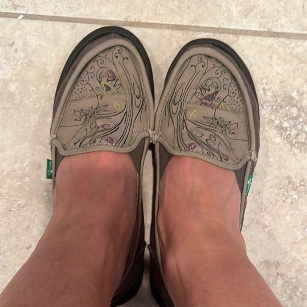 Sanuk Gray Slip-On Flats with Embroidered Design